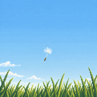 Pixel-art sky with a single dandelion seed floating above the grass