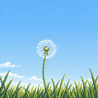 The same patch of grass with a white dandelion seed head, seeds lifting off